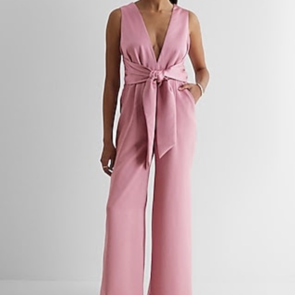 **bundled** Satin V-Neck Tie Waist Wide Leg Jumpsuit